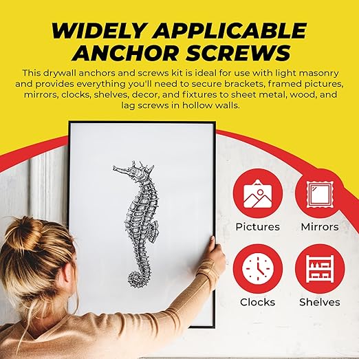 Qualihome Ribbed Plastic Drywall Anchor Kit - Wall Anchors and Screws for Drywall Includes Anchors, & Screws, 1 Masonry Drill Bit - Mounting Tolls for Decor, Furniture, Shelving (10-12 x 1)