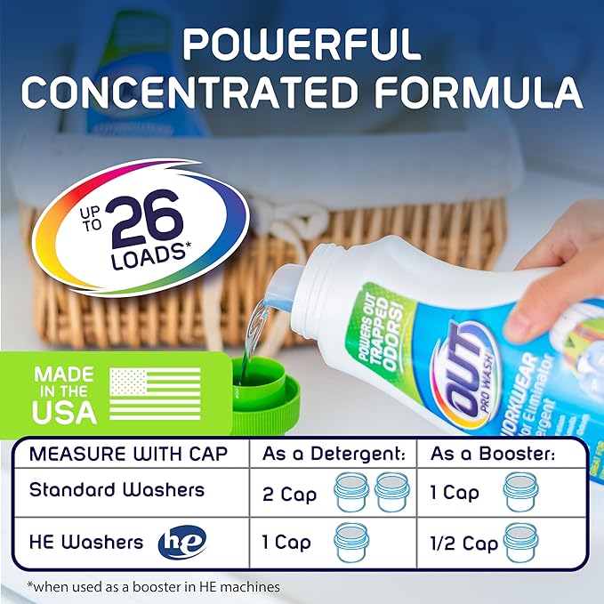 OUT ProWash Workwear Stain Remover Laundry Detergent and Odor Eliminator, Great for Work Clothes, Uniforms, Active Wear, and More, Made in the USA, 22 Ounce Bottle