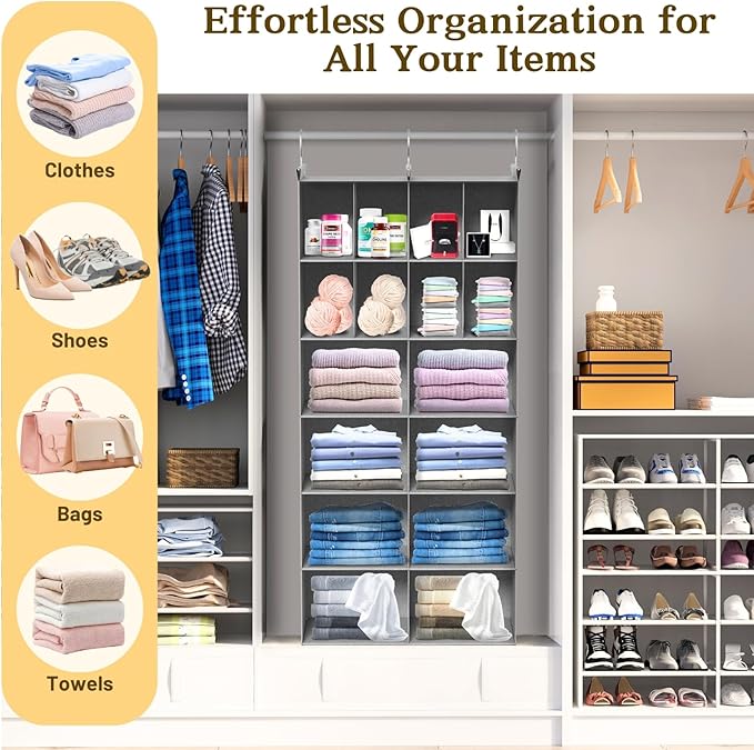 6 Tier Hanging Closet Organizer, 16 Compartments Sweater Organizer for Closet with 3 Sturdy Hooks, Closet Organizers and Storage, Wardrobe, Rv, Garment Rack, Grey