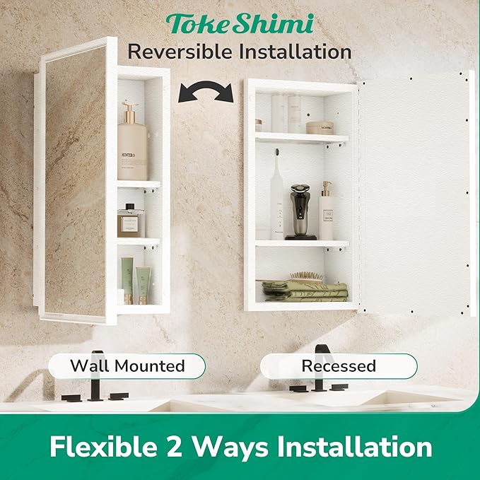 TokeShimi 21x27 Recessed Medicine Cabinet with Mirror, White Bathroom Medicine Cabinet with Mirror, Bathroom Beveled Mirror with Storage, Aluminum Frame, Stepless Adjustable Shelves