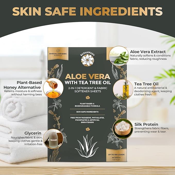 Natural Laundry Detergent & Fabric Softener Sheets | Up to 100 Loads Eco-Friendly|Fragrance-Free & Hypoallergenic | Aloe Vera & Pure Tea Tree Oil | Plant-Based, Biodegradable, Enzyme Powered,Baby-Safe
