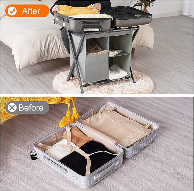 Heybly Luggage Rack with Laundry Bag,Pack of 2,Steel Folding Suitcase Stand with Storage Shelf for Bedroom, Hotel, Foldable Steel Frame, Gray,HLR006G2