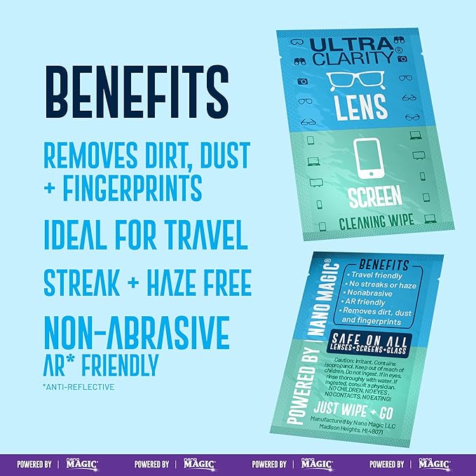Powered by Nano Magic Lens Wipes for Eyeglasses, Screen Cleaning Wipes 210 Pack | Optical-Grade Pre-Moistened Nonabrasive Wipes | for Coated Eyeglasses, Sunglasses, Goggles, Optics