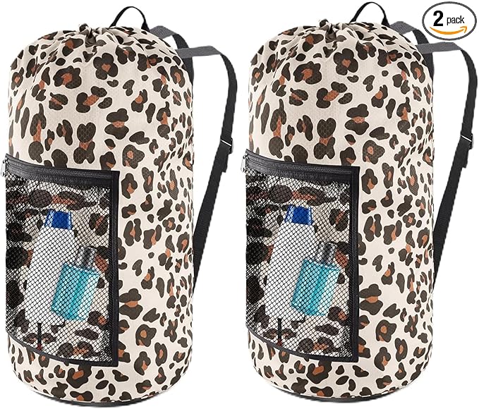 Laundry Bag Backpack, 2PCS Extra Large Travel Laundry Bag with Mesh Pocket & Adjustable Shoulder Straps,Dirty Clothes Travel Bag for College Students Dorm,Apartment(Leopard Print)
