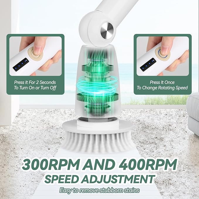 DIAFIELD Electric Spin Scrubber, Cordless Cleaning Brush with 8 Replaceable Brush Heads and Detachable & Adjustable Extension Handle, Dual Speed Shower Scrubber for Cleaning Shower, Tile, Wall, Floor