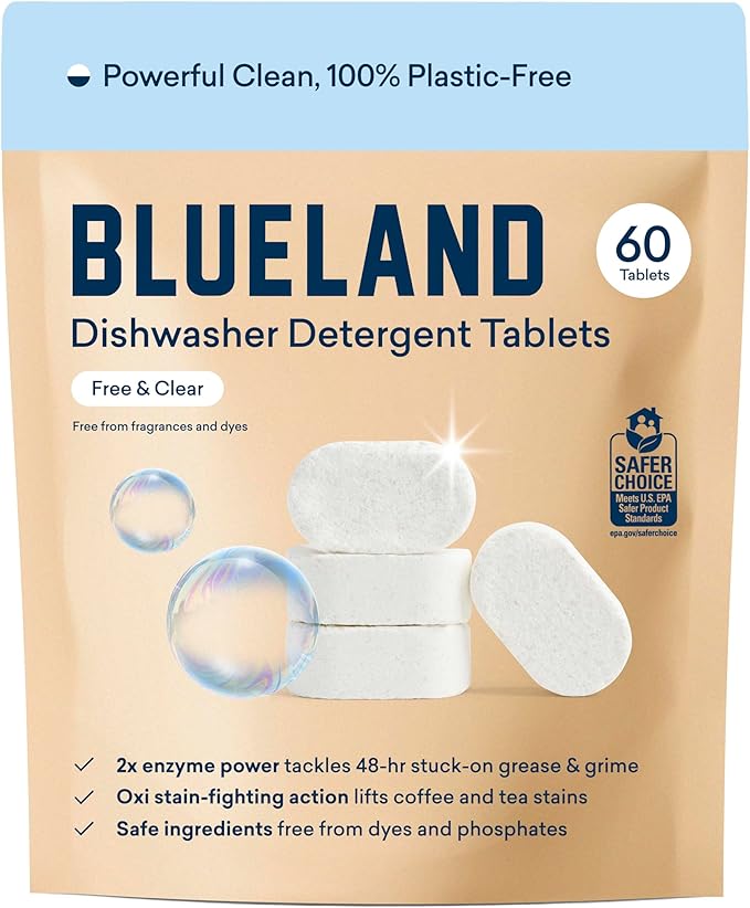BLUELAND 100% Plastic-Free Dishwasher Detergent Tablets, 60 Count, Free & Clear, Eco-Friendly Dishwashing Pods, Natural, Sustainable