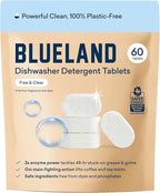 BLUELAND 100% Plastic-Free Dishwasher Detergent Tablets, 60 Count, Free & Clear, Eco-Friendly Dishwashing Pods, Natural, Sustainable