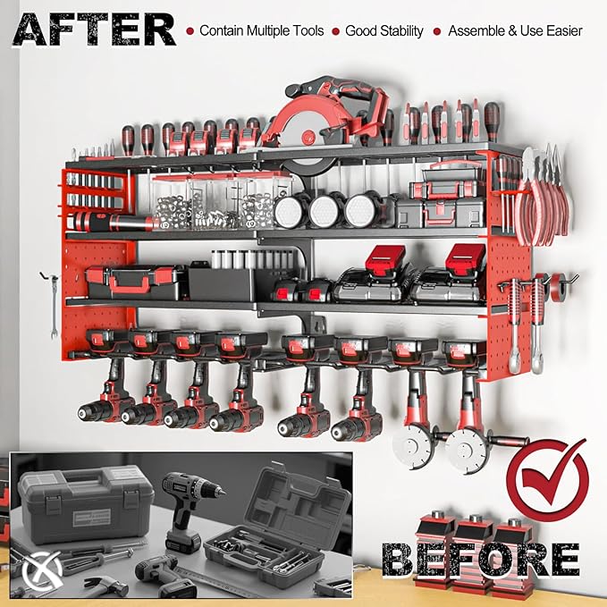 Power Tool Organizer Wall Mount, 4 Layer Heavy Duty Metal Tool Storage Rack, Power Tool Shelf Battery Storage with 8 Cordless Drill Holder，Utility Racks for Garage Workshop