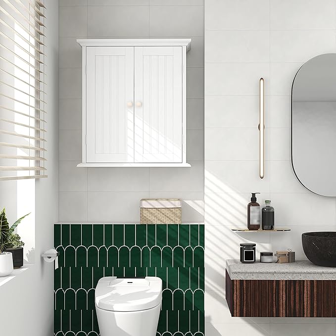 hooChoo Bathroom Wall Cabinet Set of 2, Over The Toilet Space Saver Storage Cabinet, Medicine Cabinet with 2 Door and Adjustable Shelves, Cupboard, White