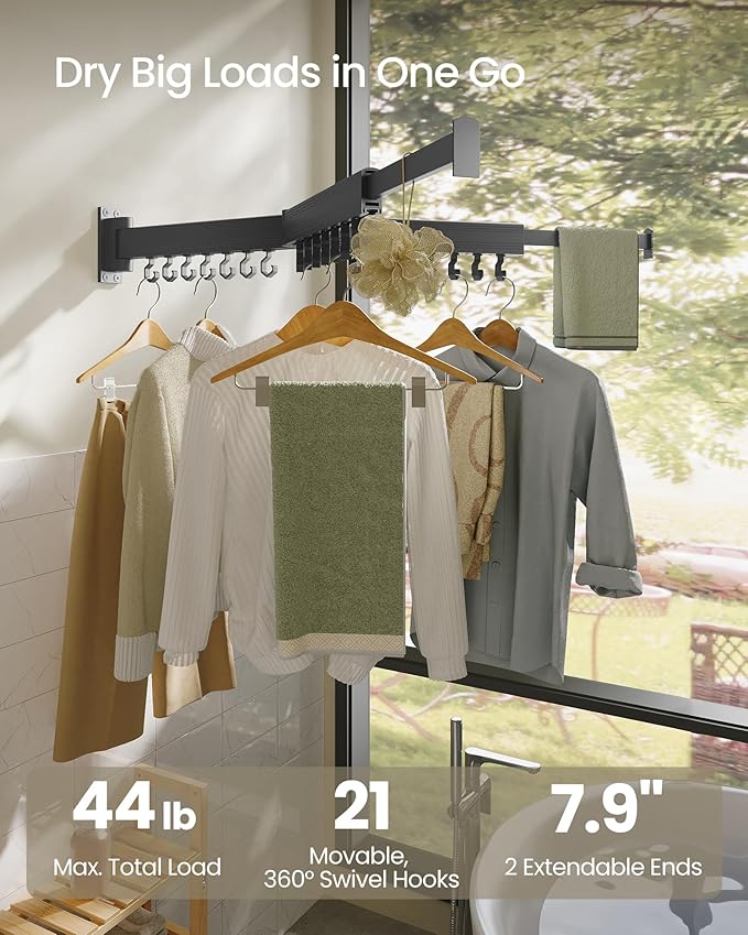 SONGMICS Clothes Drying Rack, Wall-Mounted Laundry Drying Rack, Extendable, Foldable Arms, with 21 Swivel Sliding Hooks, Space-Saving, for Laundry Room, Bathroom, Ink Black ULLR807B01