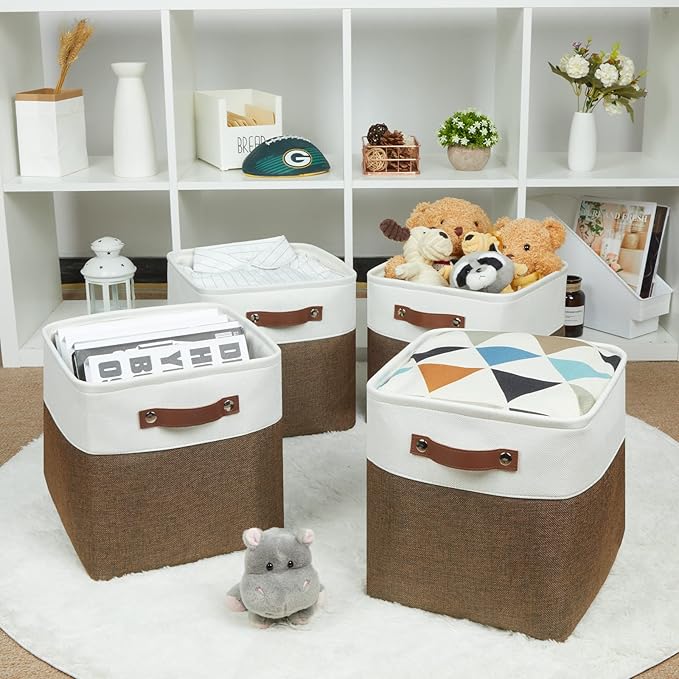 HNZIGE Fabric Storage Baskets 4 Pack,Storage Cube Baskets 11x11, Foldable Cube Storage Bin Baskets for Shelves with Handles, Decorative Storage Bins for Organizer Home Toy Nursery Closet(Brown Gray)