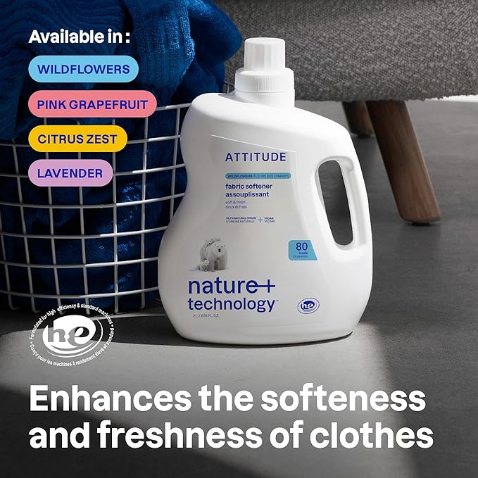 ATTITUDE Liquid Fabric Softener, Plant-Based & Vegan, HE Compatible, Naturally Derived, Citrus Zest Scent, 80 Loads, 67.6 Fl Oz