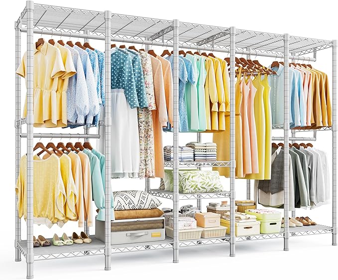 Raybee 88.2" W Clothes Rack Heavy Duty Clothing Racks for Hanging Clothes Extra Wide Portable Closet Loads 1200LBS Freestanding Garment Rack for Bedroom 88.2" W x 75.6" H x 15.7" D, White