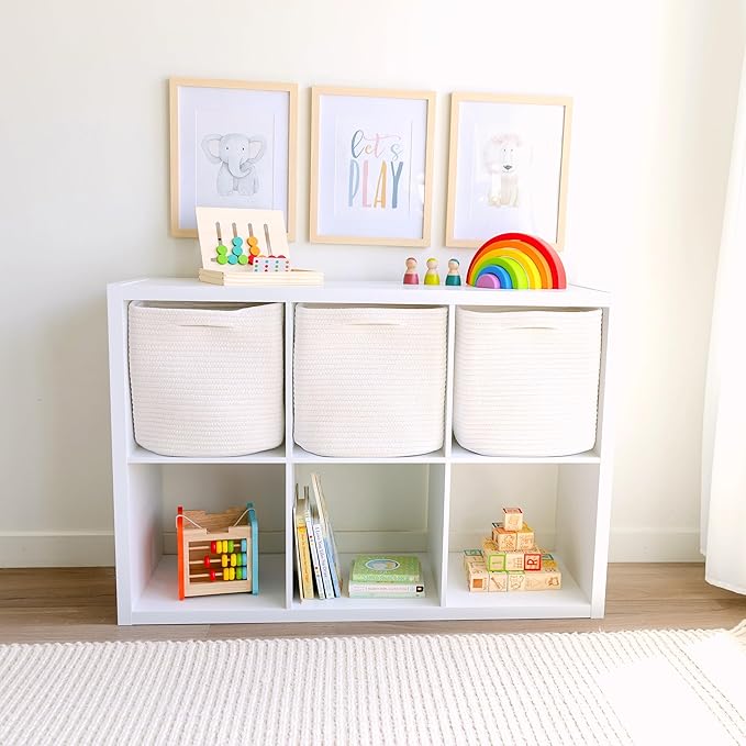 NaturalCozy 13 Inch Cube Storage Bins Cotton Rope Woven Baskets for Organizing 3-Pack | 13 x 13 Storage Cubes | Fabric Square Storage Baskets for Shelves Organizer, Kids Toy Bins, Closet Baby Nursery