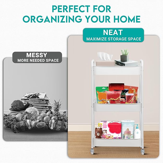 3 Tier Rolling Cart, Metal Utility Cart with 4 Hooks, Rolling Storage Cart on Wheels, Small Organizer Cart for Nursery, Kitchen, Living Room, Bathroom, White