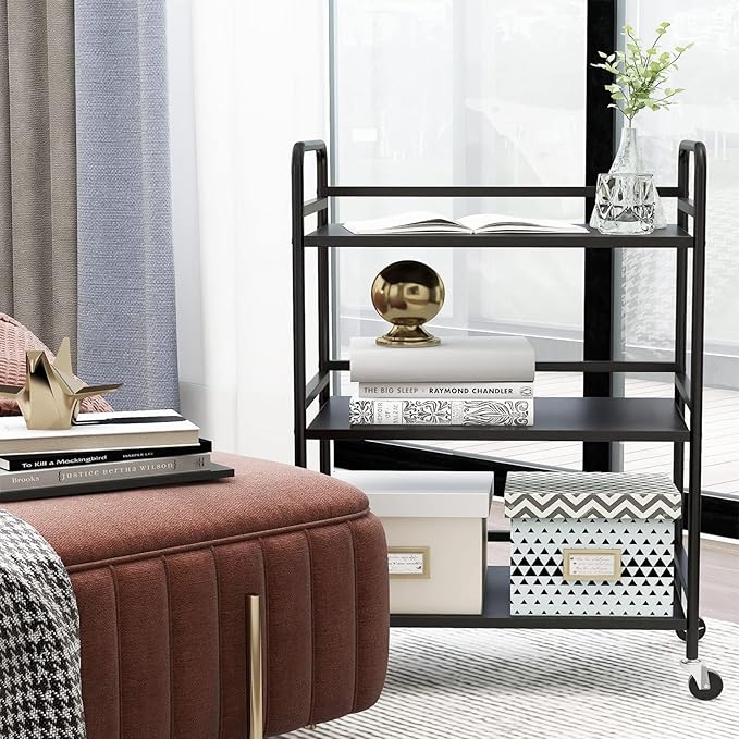HDANI 3 Tier Metal Utility Multipurpose Rolling Cart,Large Capacity Heavy Duty Cart with Lockable Wheels Rolling Cart with 2 Lockable Wheels for Home,Office,Kitchen,Bathroom,Bedroom(Black)