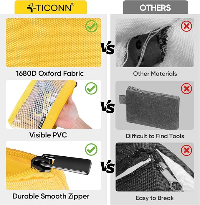 TICONN Tool Pouch, 1680D Oxford Small Tool Bag, Tool Pouches with Zipper, Clear Utility Bag Zipper Pouch for Tool Organizers and Storage (9PK Combo)