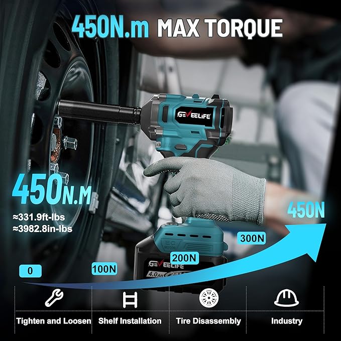 GEVEELIFE 450N.m/332Ft-lbs Brushless Impact Wrench,1/2" Cordless Impact Gun with 4.0Ah Battery & 4 Sockets, Electric Impact Driver for Car/DIY Furniture/Lawn Mower/blue (450N)