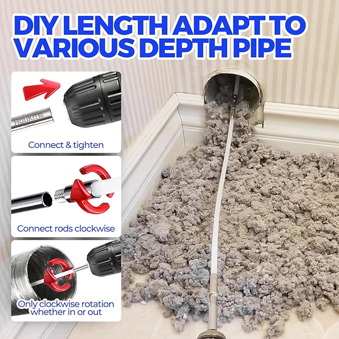 Holikme 60 Feet Dryer Vent Cleaner Kit,Lint Remover Flexible Brush and Drill Attachment Extends Up to 60Feet, 2 Synthetic Brush Head Use with or Without a Power Drill