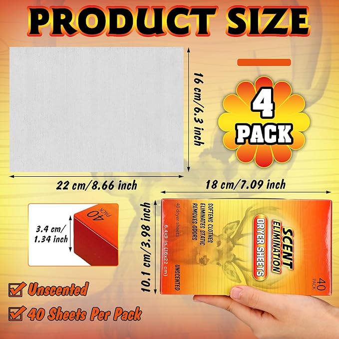 4 Packs 160 Sheet Scent Elimination Dryer Sheets for Hunting Scent Free Dryer Sheets Hunting Fabric Softener for All Fabrics Clothes