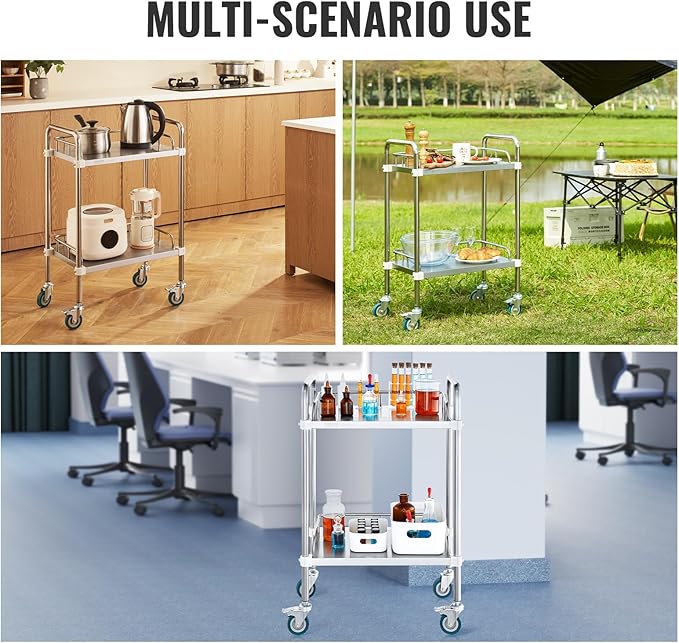 VEVOR Lab Rolling Cart, 2-Shelf Stainless Steel Rolling Cart, Lab Serving Cart with Swivel Casters, Dental Utility Cart for Clinic, Lab, Hospital, Salon, 15.16"x21.57"x34.06"