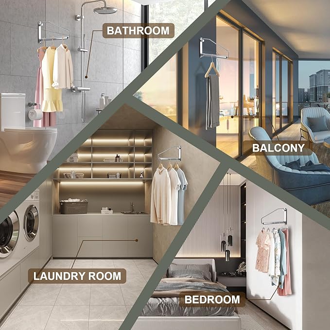 Laundry Hanger,NEWRAIN Wall Mounted Clothes Hanger with Swing Arm Holder Brass Hanging Drying Rack Space Saver,Chrome