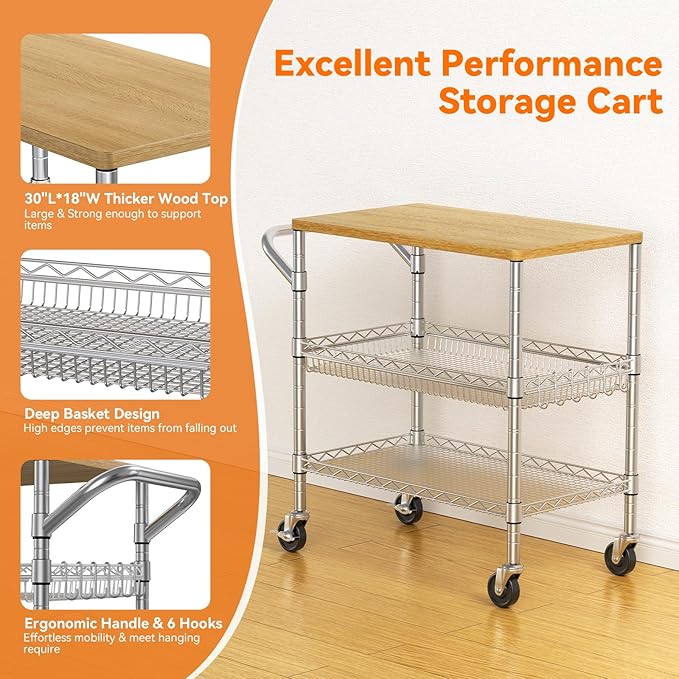 3 Tier Rolling Kitchen Carts on Wheels with Storage,650Lbs Heavy Duty Utility Carts with Wheels,Kitchen Island with Wood Tabletop,Metal Serving Rolling Cart for Small Appliance Food Cart,Wood+Metal