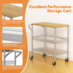 3 Tier Rolling Kitchen Carts on Wheels with Storage,650Lbs Heavy Duty Utility Carts with Wheels,Kitchen Island with Wood Tabletop,Metal Serving Rolling Cart for Small Appliance Food Cart,Wood+Metal