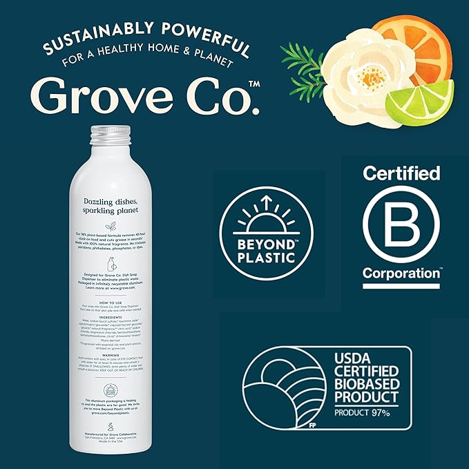Grove Co. Ultimate Dish Soap Refills (3 x 16 Fl Oz) + Refillable Glass Dish Soap Dispenser for Kitchen Sink with Non-Slip Silicone Sleeve, Plastic Free Cleaning Products, Lemon & Eucalyptus