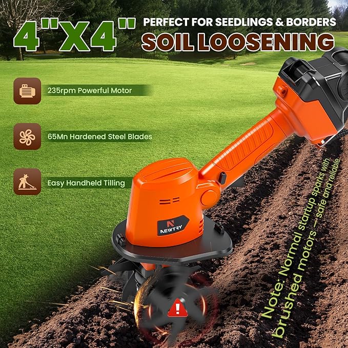 NEWTRY Cordless Electric Tiller Handheld & Extended Rod Dual Modes, 4'' Tilling Depth & Width, with 2x1500mAh Batteries for Small Scale Garden, Raised Beds