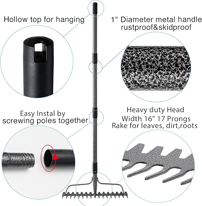 Thatch Rakes for Lawns, Heavy Duty Metal Garden Rake with 17 Prongs, Adjustable Yard Rock Rake for Gardening Loosening Soil, Long Handle 60 Inches