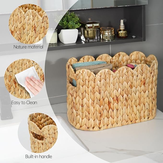 Toilet Paper Storage Basket,Scalloped Wicker Basket for Bathroom Organizers and Storage,Hand-Woven Rattan Bathroom Decor Accessories,Natural Water Hyacinth