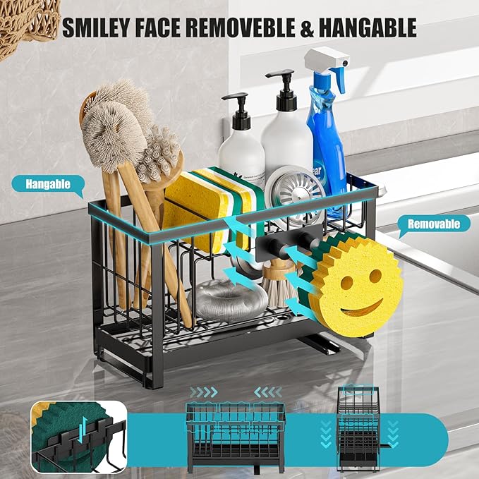 Sponge Holder for Kitchen Sink with Flexible Smiley Face, 2 Tier Kitchen Sink Organizer, Countertop and Storage Essentials, Soap Dispenser Organizer, Home Decor Accessories - Black