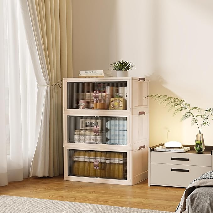 SAILUN 83Gal/335Qt Stackable Storage Bins Folding Collapsible Storage Bins with Lid, Closet Organizers and Box with Door Beige 26" W x 17" D x 43.7" H