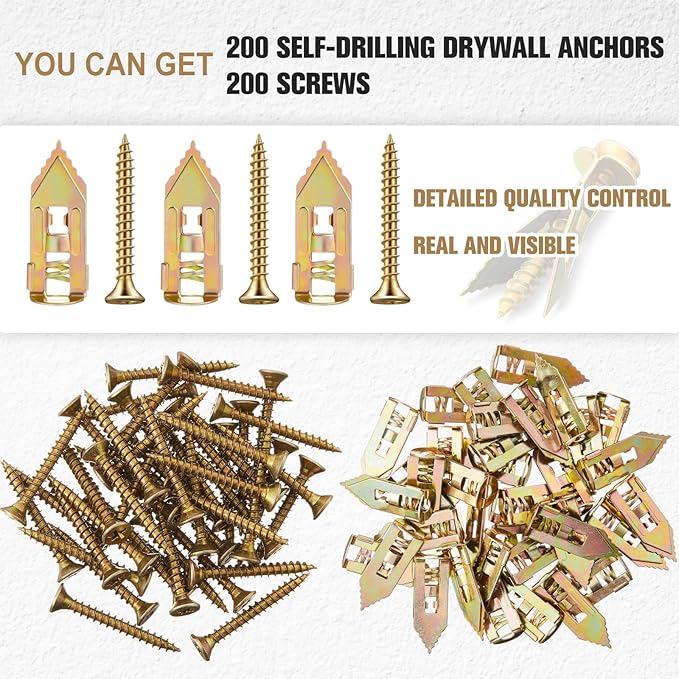 400 Pcs Drywall Anchors for Drywall Self Drilling with Screws Kit 0.47 x 1.18 Inch, 200 Sheetrock Expansion Anchors 200 Zinc Plated Screws, Drive in Hollow Board Nails No Drill or Holes in Wall