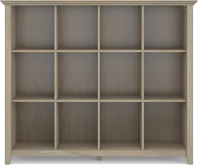 SIMPLIHOME Acadian Bookcase - 57 inch Tall 12-Cube Solid Wood Storage Display Unit in Distressed Grey, Transitional Cube Organizer for Living Room or Office with Fixed Shelves and Tapered Legs
