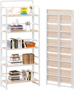 4NM No-Assembly 5 Tiers Folding Bookshelf Storage Shelves Vintage Bookcase Standing Racks Study Organizer Home Office (Natural White)