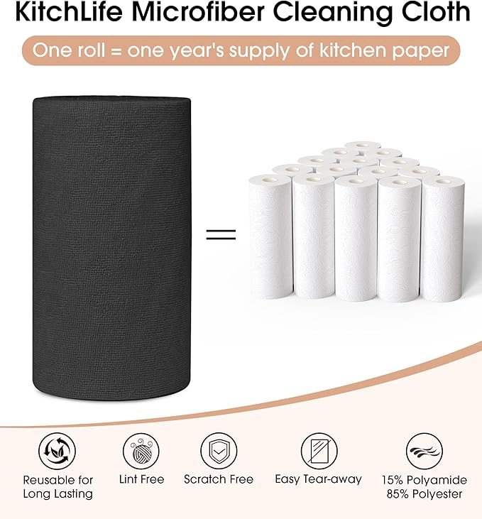 KitchLife Microfiber Cleaning Cloth Roll, 100 Pack - Tear-Away Microfiber Paper Towels, Lint-Free, Reusable, Washable for Kitchen, Car, Dishes, and Sensitive Surfaces (Black)
