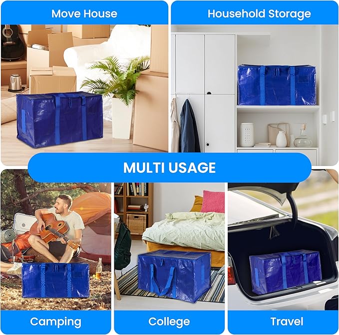 Simple Deluxe 12 Pack Moving Bags, Heavy Duty Storage Totes with Lids, Sturdy Handles& Zipper, Moving Boxes Alternative, Extra Large, for Clothes Packing, Moving Supplies, Blue