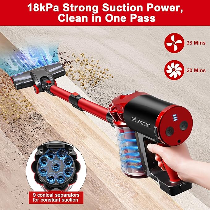 elezon A200 Cordless Vacuum Cleaner with 18000Pa Powerful Suction, 38 Min Runtime, 2200mAh Battery, HEPA Filter, Portable Stick Vacuum for Hardwood Floor, Lightweight Handheld for Home, Pet Hair, Car