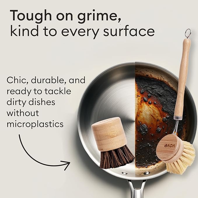 Vove Dish Brush Bundle - FSC-Certified Bamboo Dish Brush & Scrub Brush, 3 Replacement Heads - Natural Fiber Bristles - Non-Toxic, Plastic-Free Kitchen Set