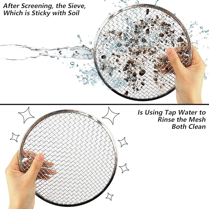 Stainless Steel Garden Sieve & Soil Sifter Tool - 9.5 Inch Stackable Sifting Pan with 3 Mesh Sizes (0.043"/0.133"/0.204") for Sand, Bonsai Soil - Includes Mini Shovels & Scoop (1 Pack)