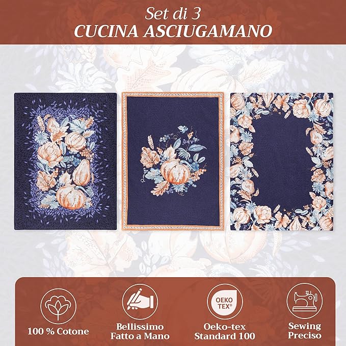 Maison d' Hermine Kitchen Towels Set of 3 100% Cotton 27.50" x 20" Reusable Cloth Tea Dish Towels Absorbent with Hanging Loop for Kitchen, Home, Dining, Cocktail Parties (Pumpkin Blues)