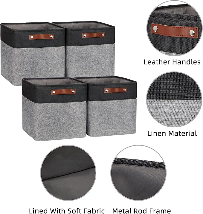 HNZIGE Fabric Cube Storage Baskets Bins Cube Baskets 11x11, Set of 4, Foldable Storage Cube Bin Baskets for Shelves with Handles, Bins for Cube Organizer Home Toy Nursery Closet Bedroom(Black White)
