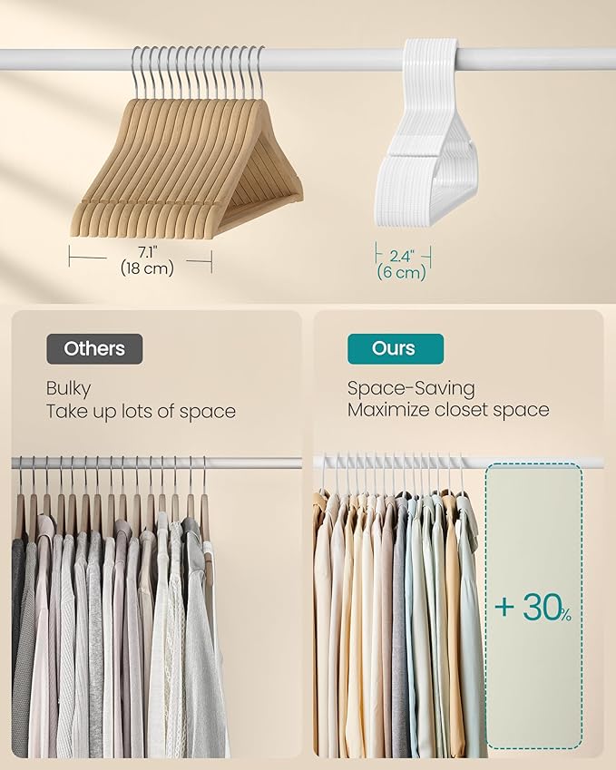 SONGMICS Clothes Hangers, Pack of 50, Plastic Hangers, with Wide Shoulder Notches, Space-Saving Coat Hangers, 16.4 Inches Wide, for Closet, Cloud White UCRP010W01