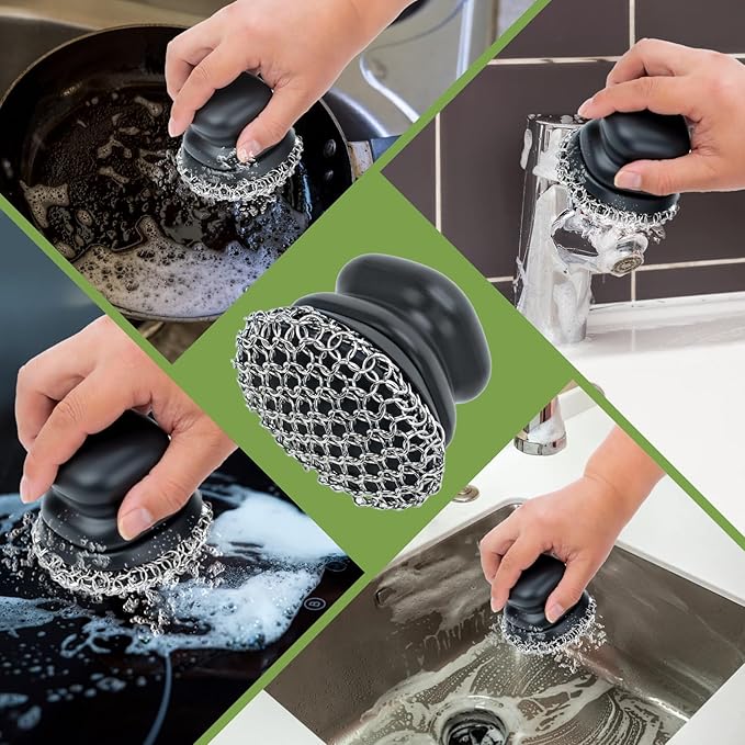 Cast Iron Scrubber with Scraper, Palm 316 Cast Iron Cleaner Chainmail Scrubber with Ergonomic Grip, for Griddles,Grill Pan Skillet Wok Carbon Steel, Oven Metal Brush Cleaning Kit