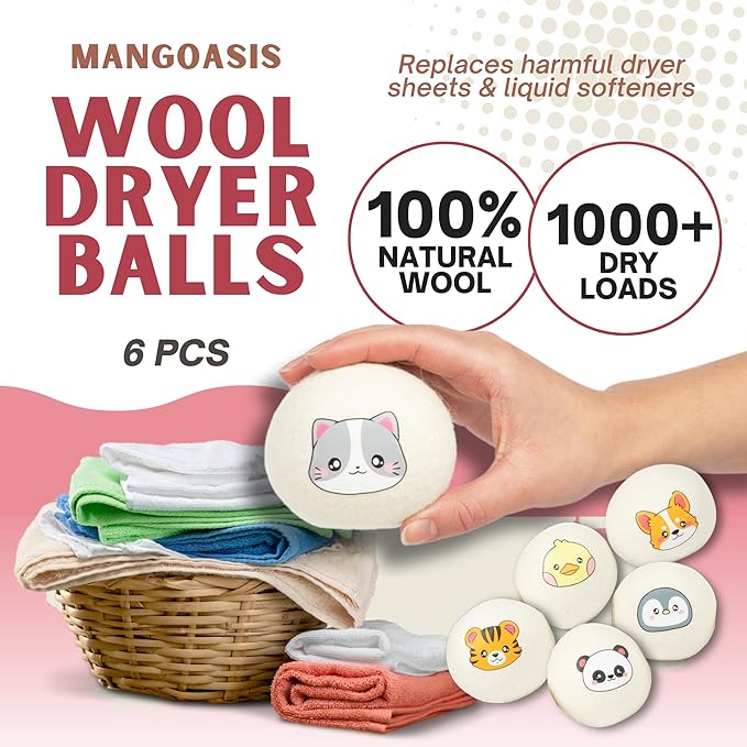 Wool Dryer Balls - Natural Fabric Softener, Reusable Laundry Balls for Dryer, Reduces Wrinkles, Static, & Saves Drying Time, Gentle on Clothes, Plastic-free Alternative for Dryer, 6 Balls XL