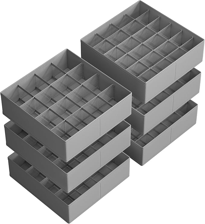 SONGMICS 6 Pack Drawer Organizers, 120 Cells (3x16+3x24), Foldable Dividers, 11.8 x 11.8 x 3.9 Inches, for Socks, Underwear, Ties, Belts, Dove Gray URUS011G02