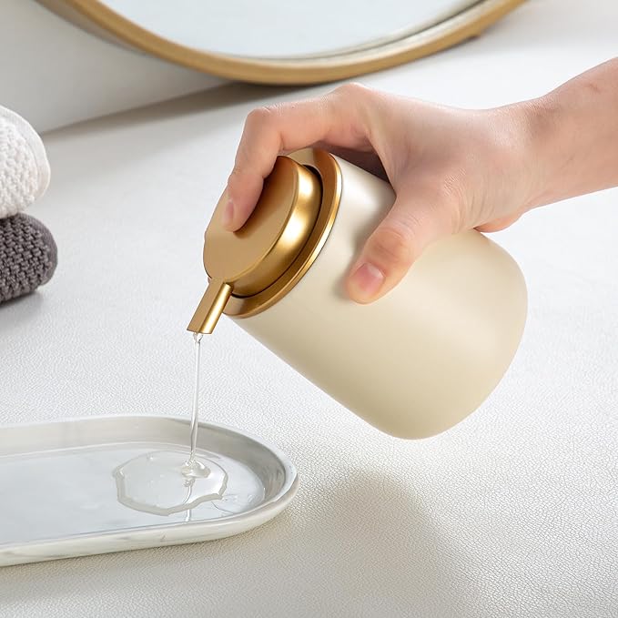 Enra Ceramic Soap Dispenser,12 oz Hand Lotion Dispenser with Gold Pump,Refillable Dish Soap Dispenser,Modern Liquid Soap Dispenser for Bathroom,Kitchen with Easy-to-Press Pump(Beige Liquid Glod Pump)