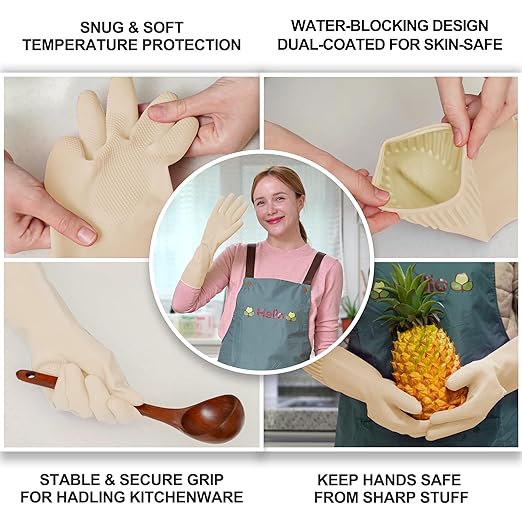 Reusable Waterproof Household Dishwashing Cleaning Rubber Gloves, Non-Slip Kitchen Glove (Ivory, Small (Pack of 3))